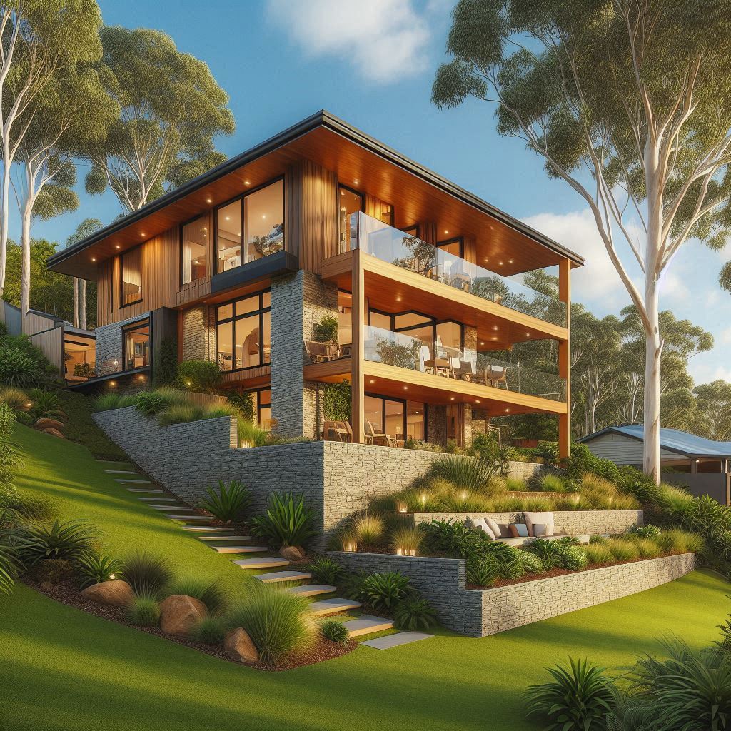 Modern Australian split-level home built on a sloping block with timber and stone exterior, surrounded by lush Queensland greenery and eucalyptus trees.
